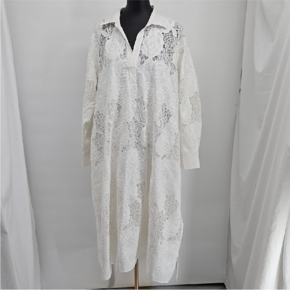 Natori White Lace Long-Sleeve Dress w Belt NWT